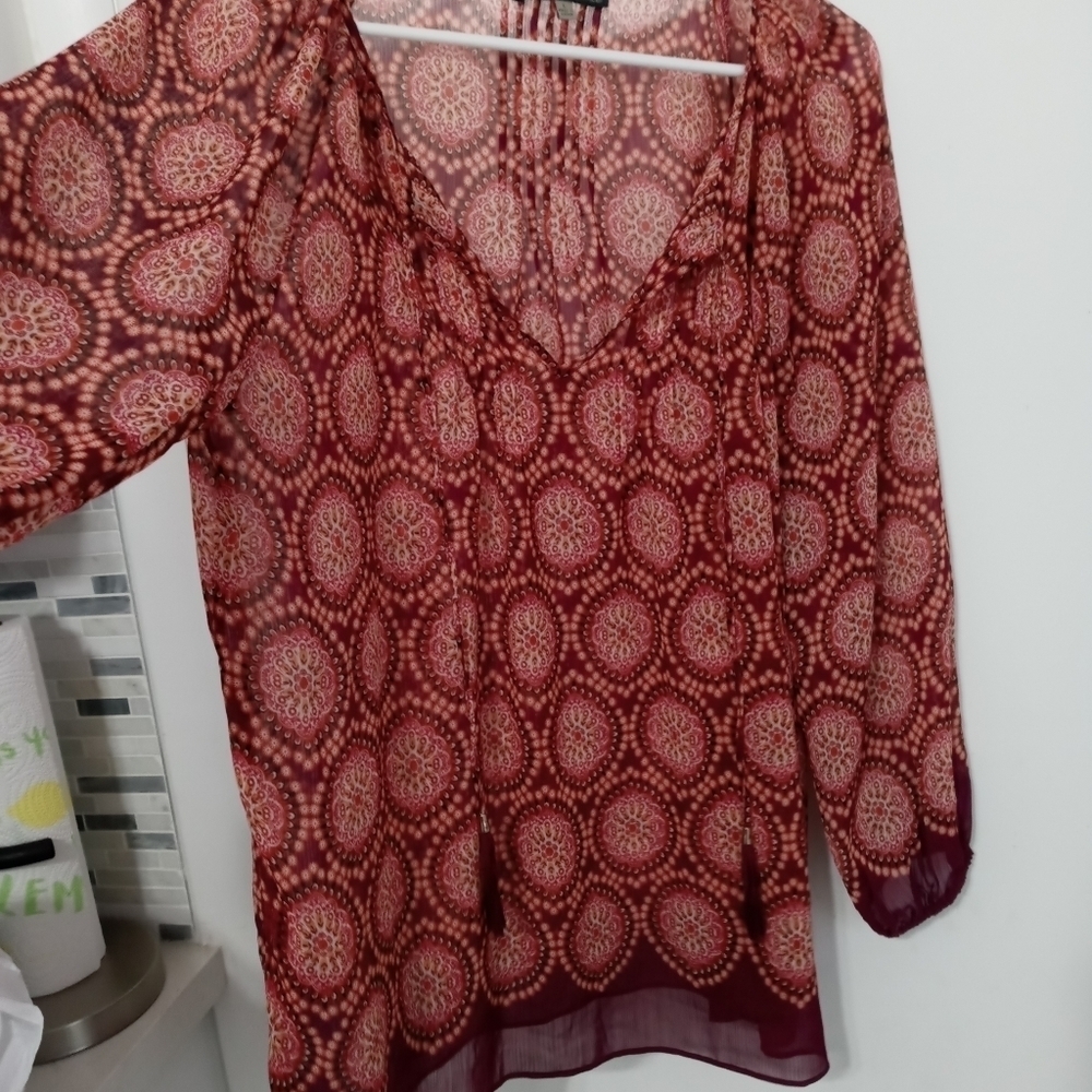 Rose & Olive Paisley Sheer Long Sleeve Blouse With Tassel Ties At Front. - Picture 2 of 9